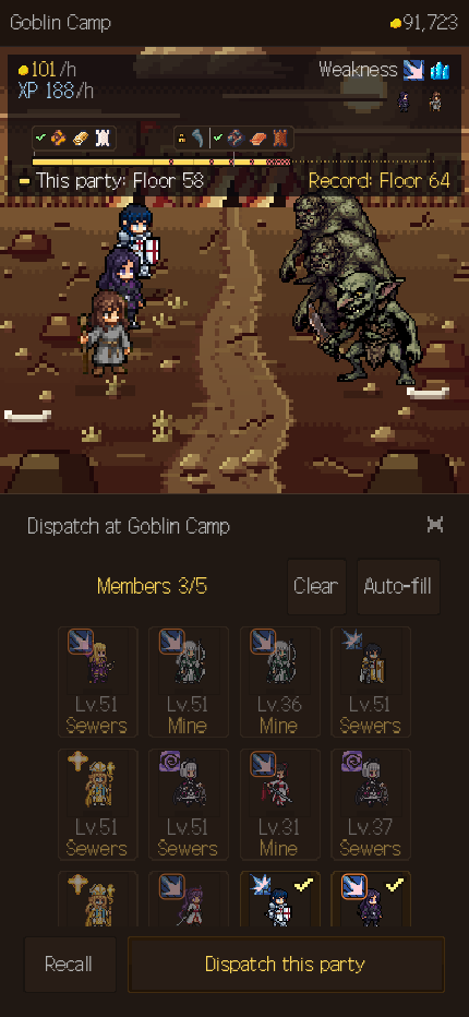 The formation screen: as you build a party it works out how deep it goes and what it earns.